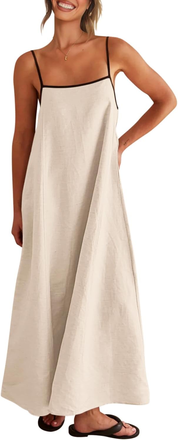 51UHxm81Z1L._AC_SL1500_.jpg Women's Summer Linen Maxi Dress Contrast Spaghetti Strap Dress Backless Casual Party Beach Dresses - Image 1