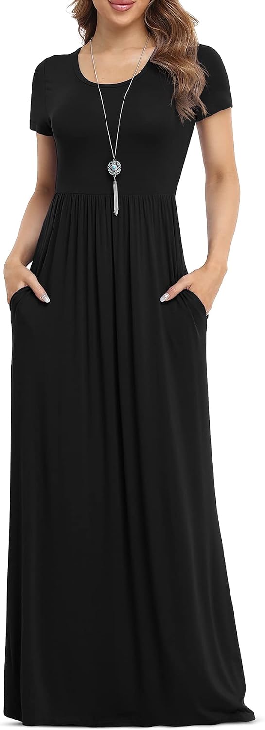 51XJ56GKQCL._AC_SL1500_.jpg Women's Short Sleeve Loose Plain Maxi Dresses Casual Long Dresses with Pockets - Image 1
