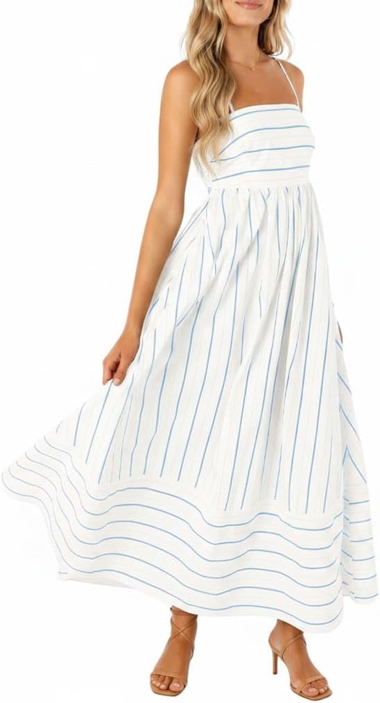 51hGM2tcmFL._AC_SL1024_.jpg Women's Striped Back Smocked Maxi Dress Sexy Spaghetti Strap Cut Out Flowy Swing Long Dress - Image 1