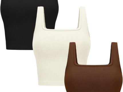Womens 3 Pack Crop Tank Tops Basic Seamless Ribbed Sleeveless Square Neck Workout Top Summer Exercise Yoga Gym Shirts