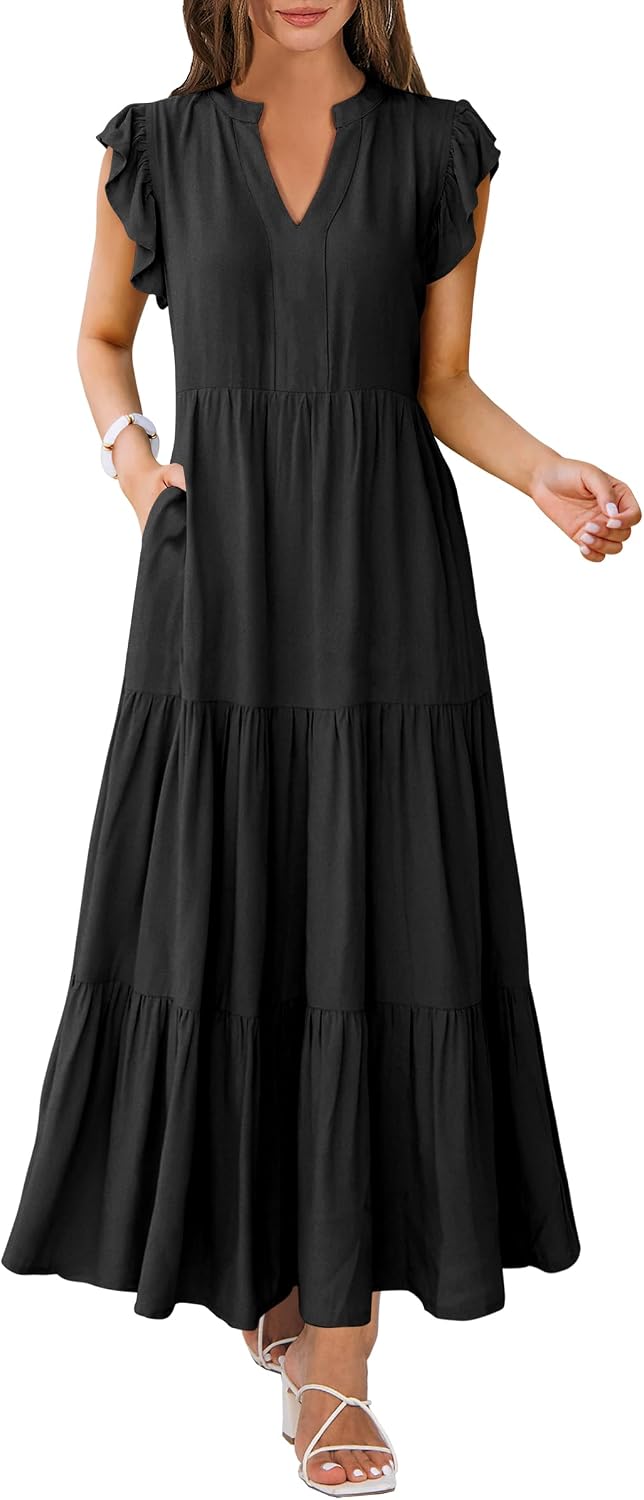 610tLXkWXbL._AC_SL1500_.jpg Womens Summer Casual Maxi Dress V Neck Ruffle Sleeve Long Dresses Fashion Flowy Tiered Boho Beach Vacation Sundress - Image 1