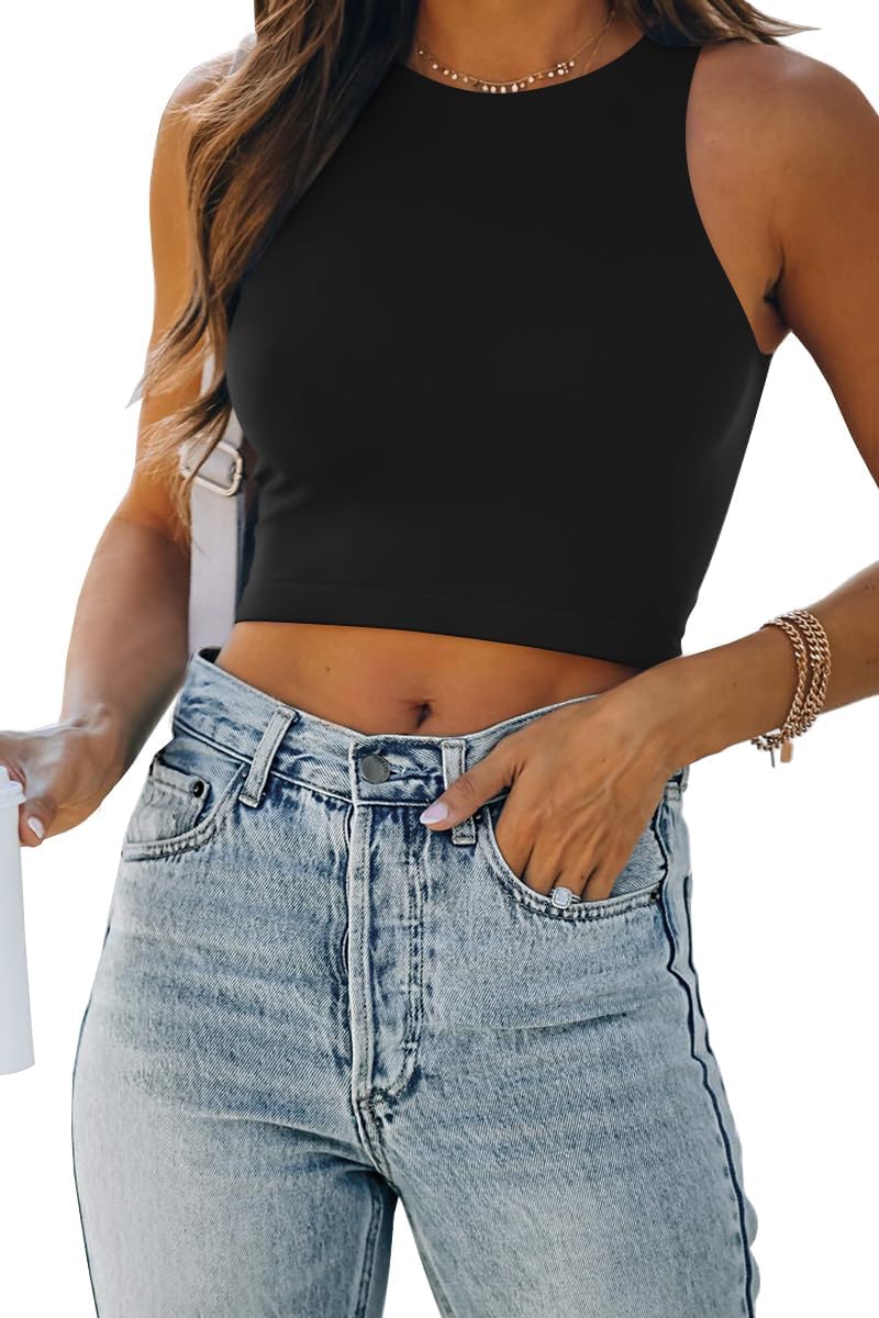 61KP9ed2aYL._AC_SL1200_.jpg Womens Sexy Sleeveless Double Lined Crop Tops Workout Cute Tight Racerback Tank Tops Summer Clothes Teen Girls - Image 1