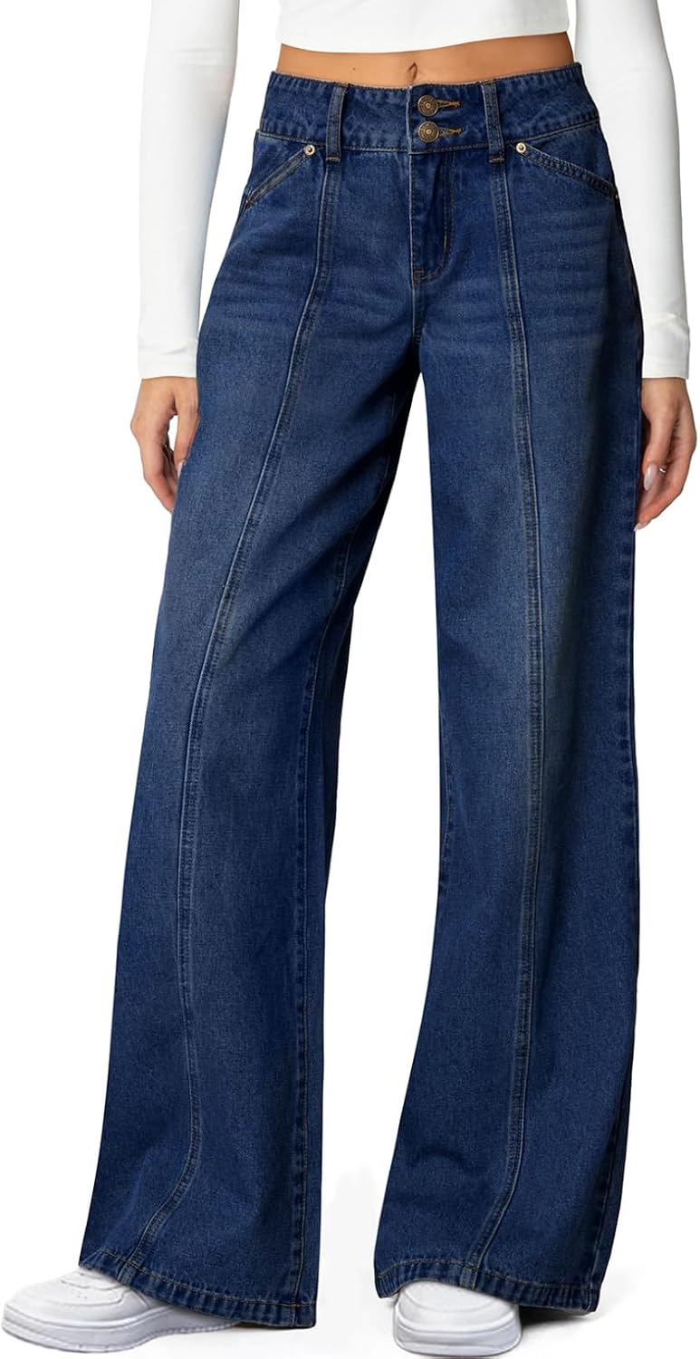 61dLeYzrP8L._AC_SL1500_.jpg Women's Wide Leg Jeans High Waisted Stretchy Straight Leg Jeans Trendy Seamed Front Loose Denim Pants - Image 1