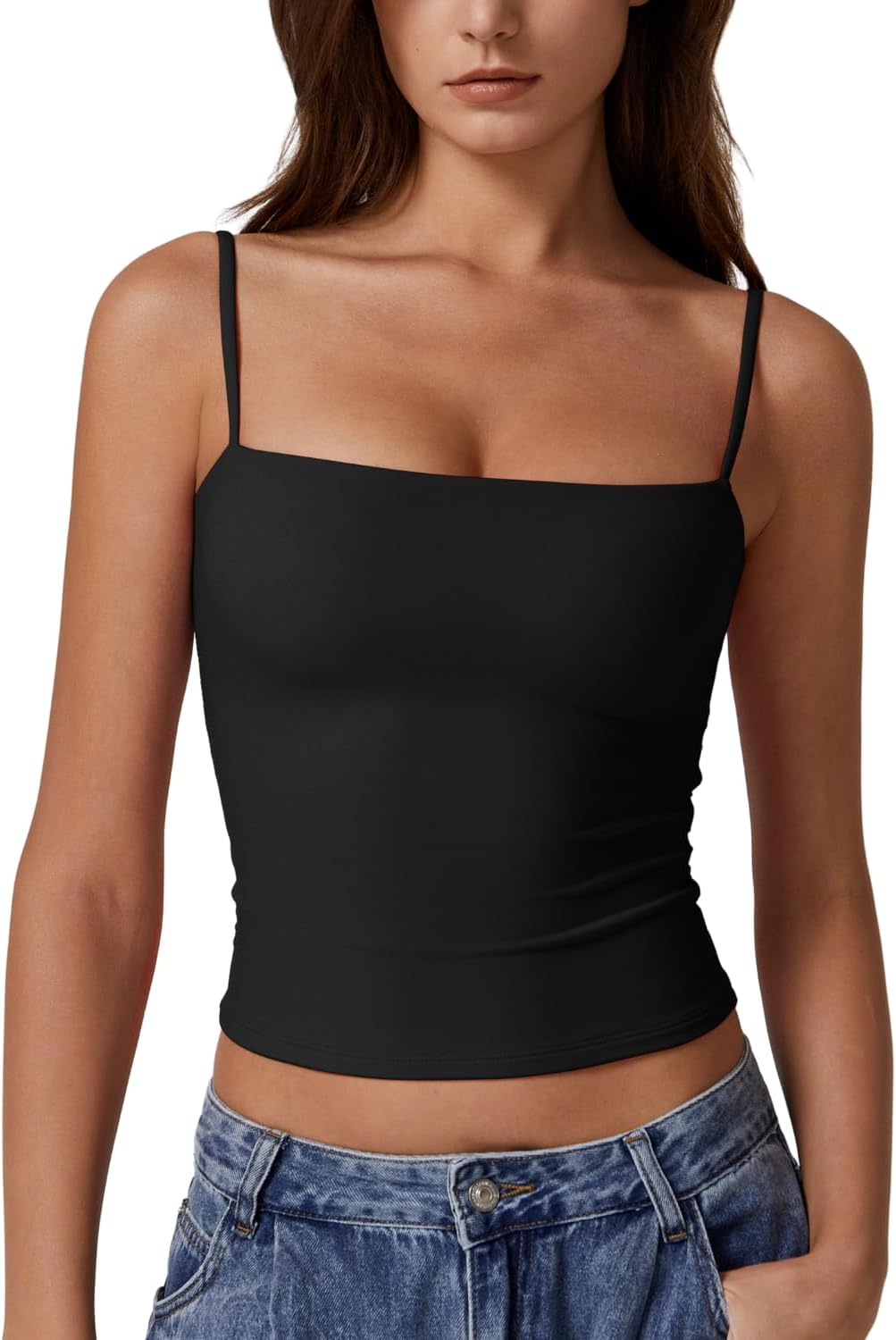 61k1PGCd4RL._AC_SL1500_.jpg Women's Double Lined Basic Tank Top Adjustable Spaghetti Straps Sleeveless Camisole Shirts - Image 1