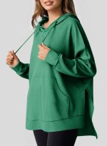 Oversized Hoodies for Women Casual Long Sleeve Waffle Knit Drawstring Side Slit Pullover Sweatshirts with Pocket - Image 2