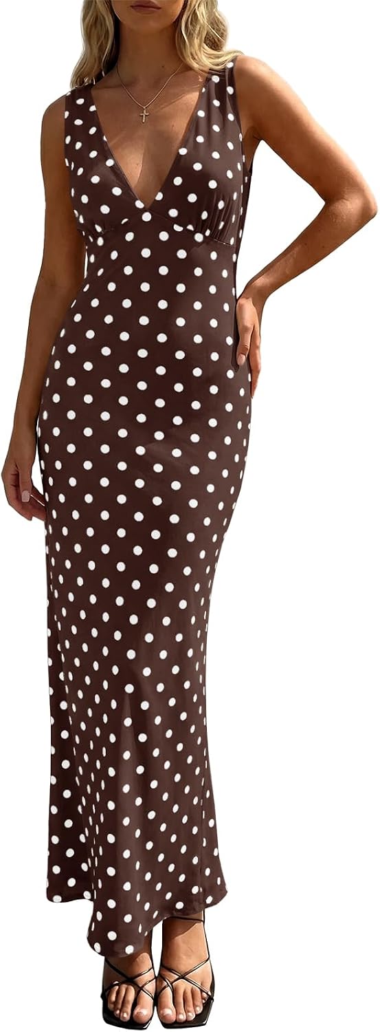 61rMAFrc8tL._AC_SL1500_.jpg Womens Summer Polka Dot Maxi Dress Mesh Wedding Guest Bodycon Sexy V Neck Sleeveless Party Dresses - Image 1