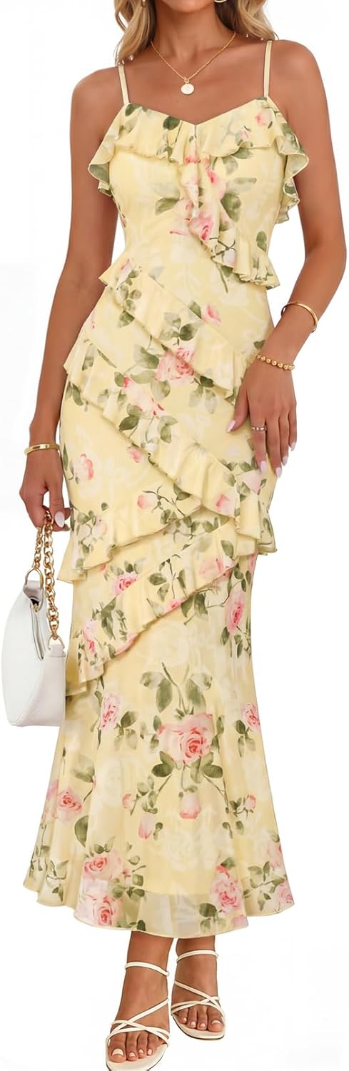 61z4SwK3VCL._AC_SL1500_.jpg Summer Floral Wedding Guest Maxi Dress Women Vacation Formal Bodycon Spaghetti Strap Cocktail Party Long Dress - Image 1