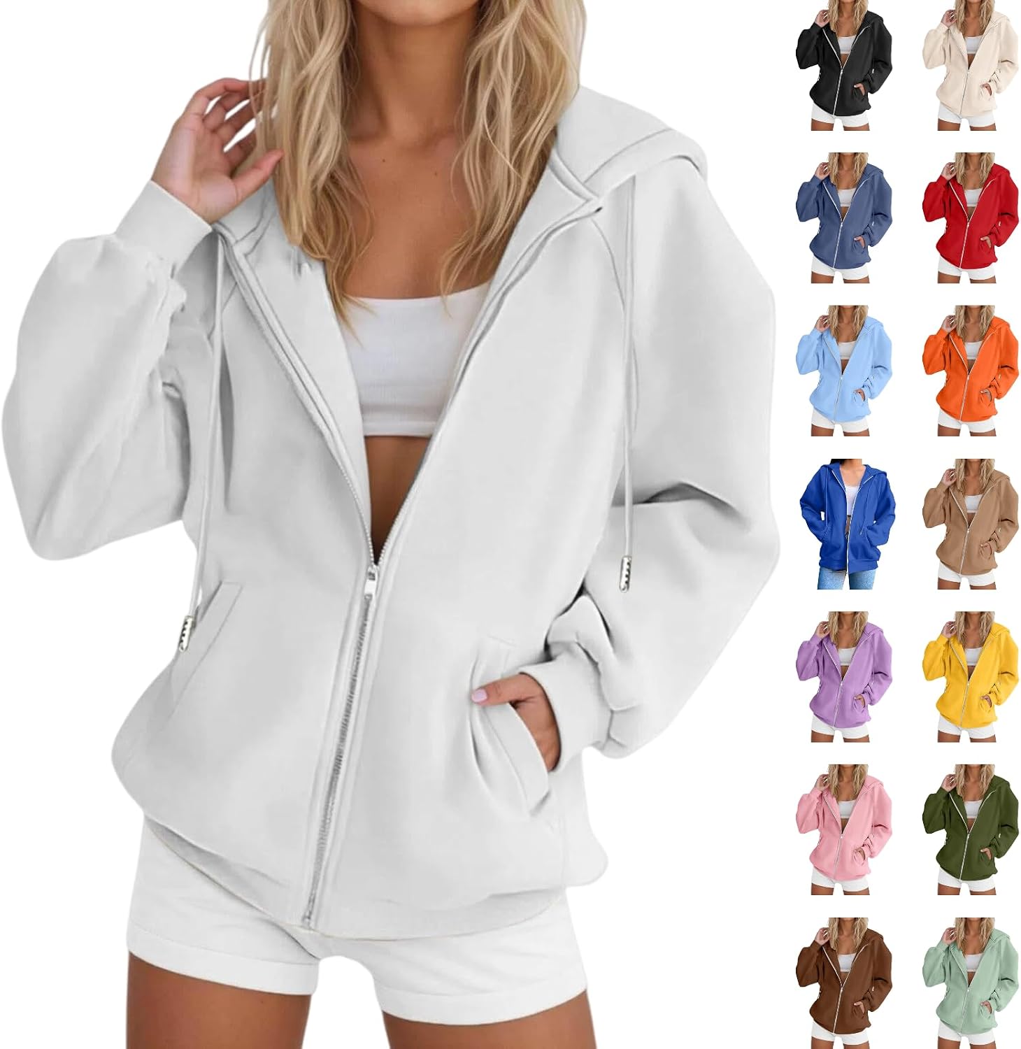 7174lK7GySL._AC_SL1500_.jpg Zip Up Hoodie Women Long Sleeve Fall Winter Plus Size Plain Hooded Sweatshirts Trendy Casual Fashion Jacket With Pockets - Image 1