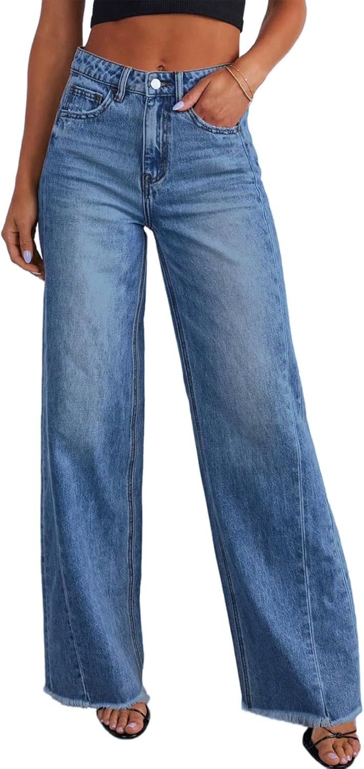 71COA9r5sYL._AC_SL1500_.jpg Women's Wide Leg Jeans High Waisted Stretchy Raw Hem Denim Pants - Image 1