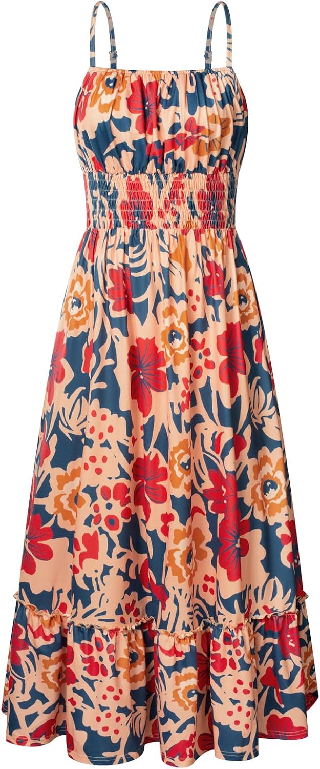 71GyrRtZRUL._AC_SL1500_.jpg Summer Dresses for Women Vacation,Smocked Floral Maxi Dress,Boho Beach Sundress with Pocket Fashion Clothing - Image 1