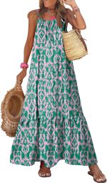 Women Summer Dresses  Spaghetti Strap Scoop Neck Smocked Ruffle Flowy Boho Maxi Dress