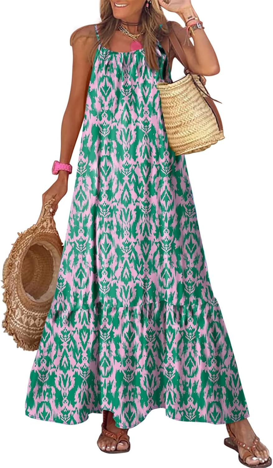 71USU2j-DJL._AC_SL1500_.jpg Women Summer Dresses Spaghetti Strap Scoop Neck Smocked Ruffle Flowy Boho Maxi Dress - Image 1