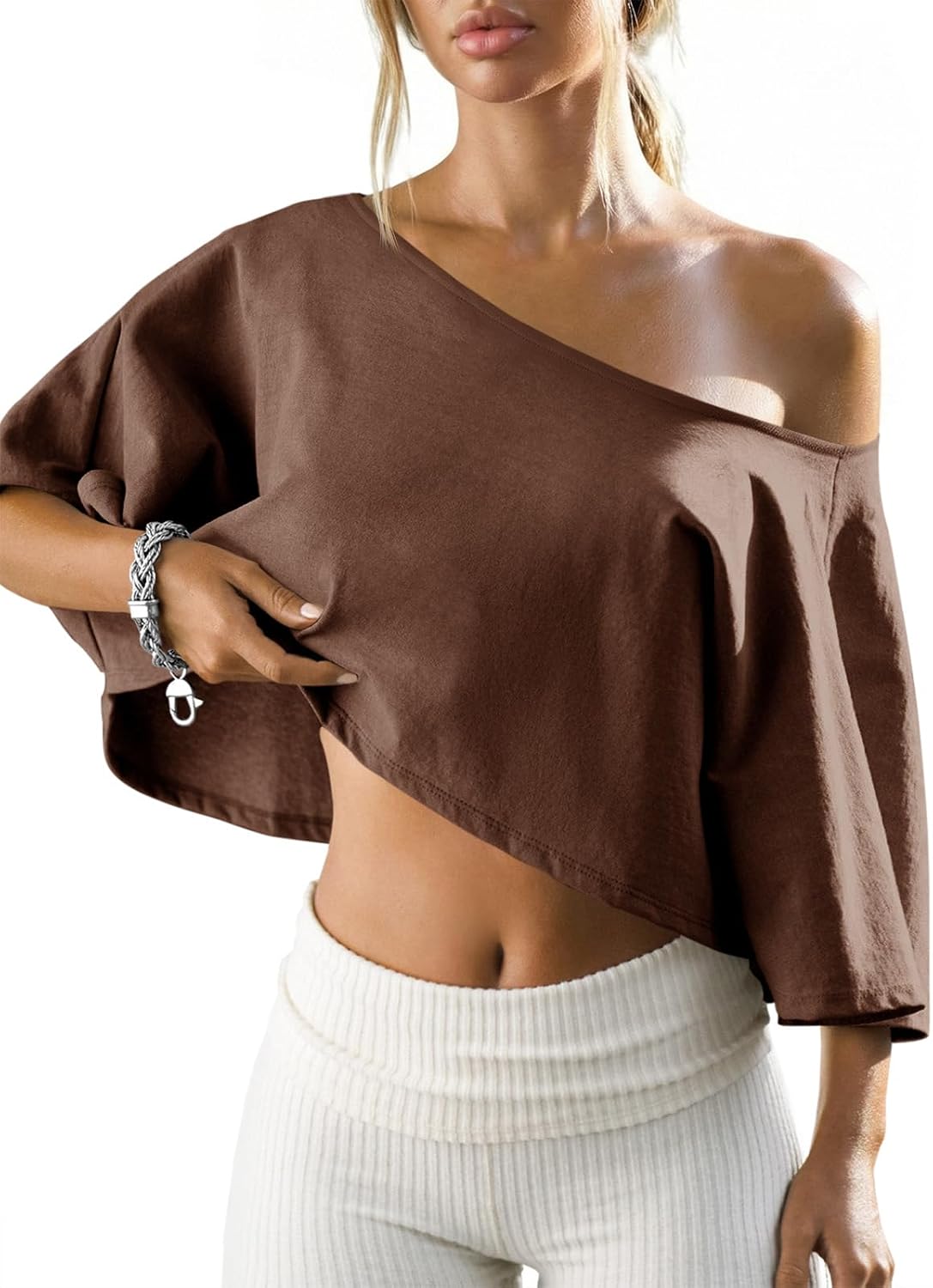 71lTP0hRtuL._AC_SL1500_.jpg Womens Off The Shoulder Cropped Tops Batwing Short Sleeve Workout Shirts Asymmetrical Neck Summer Casual T Shirts - Image 1