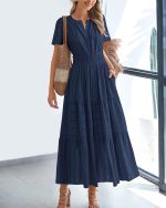Womens Summer  Casual Midi Maxi Dresses Lightweight Short Sleeve V Neck Elastic Waist Boho Beach Dress Pockets - Image 2