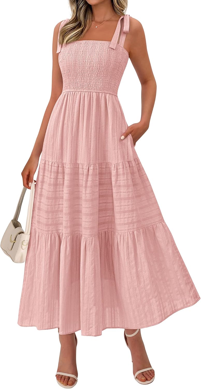 71osfFzsEL._AC_SL1500_.jpg Women's Spring Boho Spaghetti Strap Dress Casual Sleeveless Smocked A Line Beach Sundress Long Maxi Dresses - Image 1