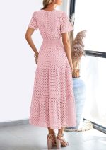 Womens  Summer Maxi Dress Short Sleeve V Neck Hollow Out Eyelet A Line Long Flowy Beach Vacation Dresses - Image 2