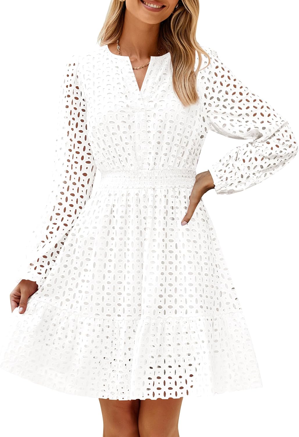 81nsLefoGwL._AC_SL1500_.jpg Women's Long Sleeve Mini Dress Fall V Neck Hollow Out Eyelet Embroidery Ruffle A Line Swing Short Dresses - Image 1