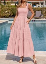 Women's  Spring Boho Spaghetti Strap Dress Casual Sleeveless Smocked A Line Beach Sundress Long Maxi Dresses - Image 2