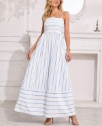 Women's Striped Back Smocked Maxi Dress Sexy Spaghetti Strap Cut Out Flowy Swing Long Dress - Image 2