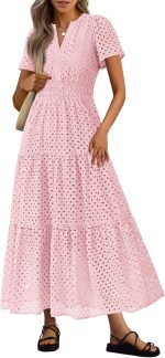 Womens  Summer Maxi Dress Short Sleeve V Neck Hollow Out Eyelet A Line Long Flowy Beach Vacation Dresses